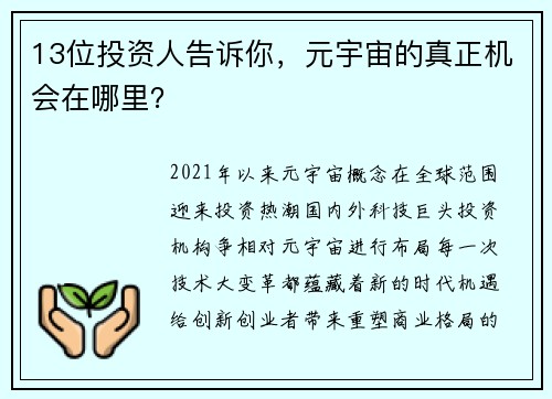 13位投资人告诉你，元宇宙的真正机会在哪里？